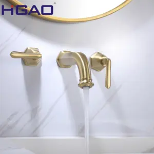 Gebürstetes Gold Messing Doppel griff Wand montage Badezimmer Gefäß Waschbecken Wasserhahn