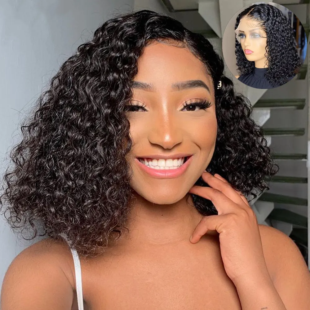 Jerry Curl Weave 100% Peruvian Human Hair Cheap Short Bob Swiss Lace Frontal Middle Part Wigs with Baby Hair for Black Women