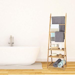 <strong>Bamboo</strong> <strong>Towel</strong> Rack Folding <strong>Bamboo</strong> Ladder <strong>Towel</strong> Rack Stand with 3 Shelves 3 <strong>Rails</strong> - Product Image 2