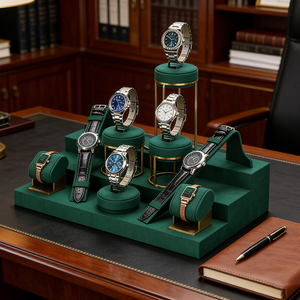 Soporte para Relojes de Pulsera de Terciopelo Verde a Precio de Fábrica, Soporte Metálico Personalizado con Logotipo, Expositor de Lujo para Relojes - Product Image 1