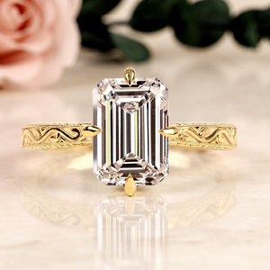 Vintage Gold <b>Emerald</b> Cut Moissanite Engagement <b>Ring</b> Compass Prong Step Cut Filigree Band 18K Gold Plated Sterling <b>Silver</b> HIPHOP - Product Image 1