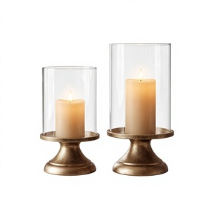 Set of 2 Sculptural Brass Cylinder <b>Glass</b> <b>Hurricane</b> <b>Candle</b> <b>Holders</b> Heat Resistant Home Decor - Product Image 1