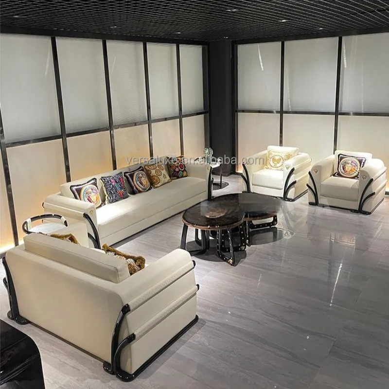 Italian high grade sofa set furniture living room modern luxury white chesterfield sofa genuine leather Dubai villa furniture