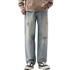 Jeans Casuales Versátiles Retro con Agujeros Desgastados para Otoño e Invierno, <span class=keywords><strong>Pantalones</strong></span> <span class=keywords><strong>Largos</strong></span> de Pierna Recta para <span class=keywords><strong>Hombre</strong></span> - Product Image 1