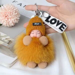 Porte-clés en peluche 3D mignon bébé endormi, pendentif pompon en fourrure de lapin, breloque de sac à main, cadeaux de Noël - Product Image 5
