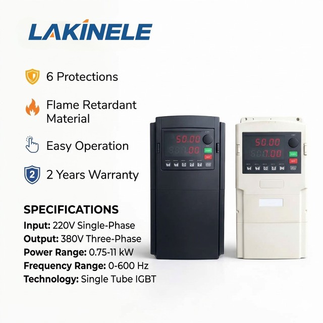 LAKINELE VFD Inverter 220V Single Phase to 380V 3 Phase 4KW 5.5HP Vector Control Variable Frequency Drive for Motor