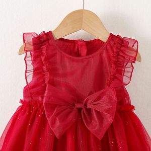 Vestido de Tul Rojo para Niña Pequeña, Vestido de Fiesta con Volantes, Mangas con Lazo, Vestido de Princesa para Fiesta de Cumpleaños Infantil - Product Image 4