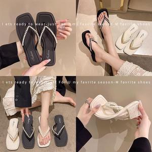 Tongs pour femmes, vêtements d'extérieur, nouvelle collection été 2025, tongs plates polyvalentes antidérapantes, perles françaises, mode plage, pantoufles de maison - Product Image 3