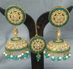 Pendientes Jhumki Clásicos de Latón Chapado con Forma de Flor y Diseño Mehandi, con Rubí y Perla de Imitación para Bodas de Mujer, D.NO 2164 - Product Image 3