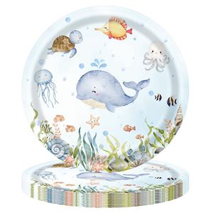 Vajilla desechable de fiesta con animales submarinos de acuarela, bandeja de papel temática de animales marinos, mantel para ocasiones festivas - Product Image 3