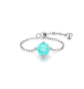 S925 Sterling Silver Round Icy Lake Blue Gem Pull Chain <b>Ring</b> Minimalist <b>Adjustable</b> Flexible Finger Accessory For Women - Product Image 1