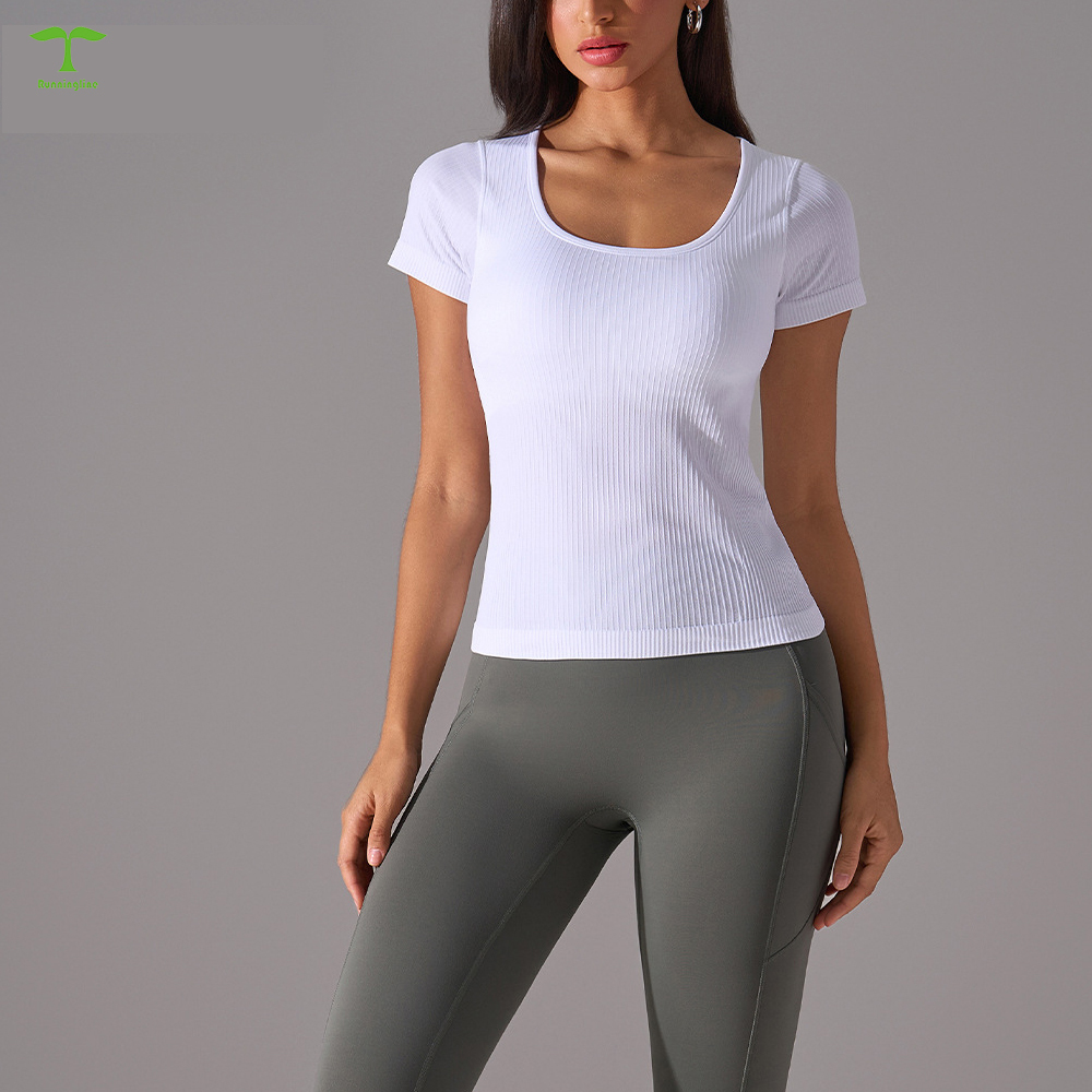 Custom logo Seamless Breathable Girls Round Neck Skinny Women thread Short Sleeved T Shirt Gym Fitness Top Woman Yoga Top