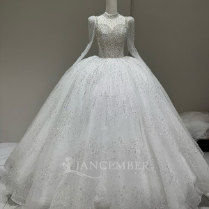 Lscm101 Elegant Silver Beaded Bridal Gown Illusion Long Sleeve Sparkly Tulle Ball Gown Princess <b>Wedding</b> Dress Jancember - Product Image 4
