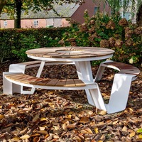 Ensemble de table et chaises de pique-nique d'extérieur en acier inoxydable et teck, intégré, circulaire, pour parc, usage commercial