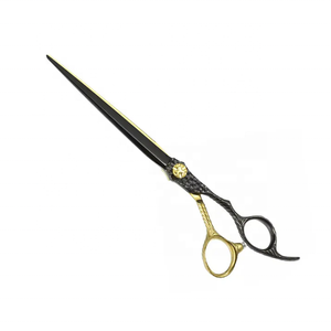 Ciseaux de toilettage pour animaux de compagnie en acier inoxydable personnalisés, droits, couleur noir et or, manche moyen, pour droitiers, pour la coupe de barbier - Product Image 1