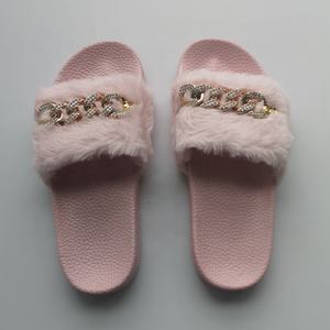 Billige Innen Kette Verziert Gefälschte Kaninchen Fell Hausschuhe Casual Damen Faux Pelz Rutsche - Product Image 6