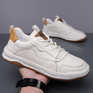 Chaussures décontractées en cuir pour hommes, bout rond, lacets, semelle plate en caoutchouc, toutes saisons, chaussures de marche - Product Image 2