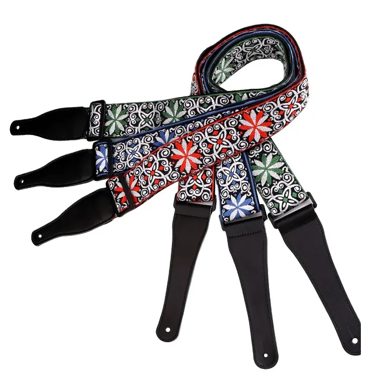 Colorful Guitar Strap Vintage Woven Strap Locks + Strap Button Leather And Nylon For Bass Electric Acoustic Guitars