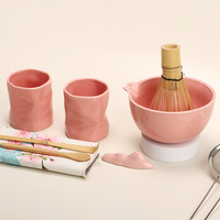 Vente en gros de 5/9 pièces de haute qualité Matcha pot de thé porte-boîte japonais japon luxe cérémonie rose Matcha bol fouet ensemble de kit