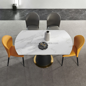 Table de salle à manger ronde de luxe en marbre, plateau rétractable en pierre frittée, base conique en métal, table de banquet moderne pour restaurant - Product Image 4