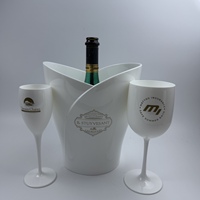Seau à glace en plastique blanc pour champagne, prosecco, présentoir à boissons avec 2 verres à vin en plastique