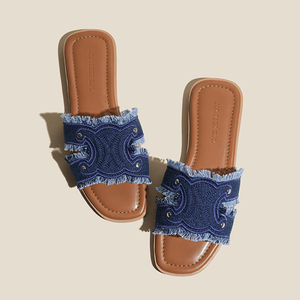 Sandales plates à bride unique en cuir véritable et denim pour femme, style mules françaises, pour l'été et l'extérieur - Product Image 1