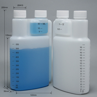 Bouteille en plastique HDPE plate à double compartiment de 20 oz (600 ml) avec bouchon à vis pour détergent liquide, whisky, brandy, tequila, sérigraphiée