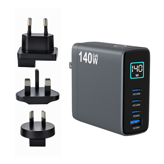 USB C PD 140W Gan Charger TFT Screen 4 Port PD3.1 QC3.0 Fast Wall Charger USB-C Power Adapter for Laptop and Mobile Phone