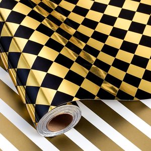 HOMERAL Checkered <b>Wrapping</b> <b>Paper</b> Roll Black And Gold Metallic Foil 46.8 Sq Ft Reversible Gift Wrap - Product Image 5