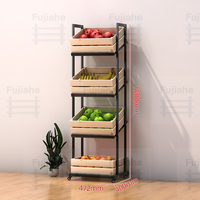 4-laags houten krat displayrek met zwenkwielen, geperforeerde bakken, metalen frame, mobiel voor fruit, groenten, supermarkt, winkel