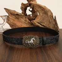 Ceinture américaine en cuir PU à motif herbe Tang, tête de cheval et tête de veau embossées, boucle lisse en alliage, longueur réglable