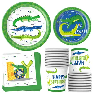 DAMAI 24 Gäste Krokodil Tier Einweg Teller Sets Party Kinder Geburtstag Alligator Party liefert Papp teller Tassen Servietten