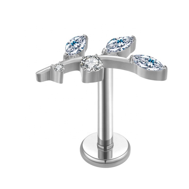 Internal Thread ASTM F136 Titanium Leaf CZ CNC Setting Helix Earrings Labret Body Jewelry