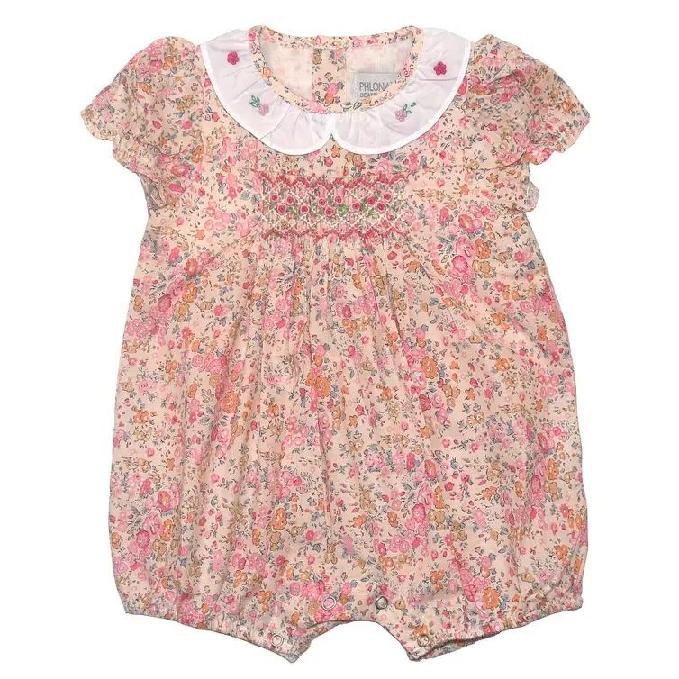Personalizzato estate rosa e crema floreale Smocked Bubble carino 100% cotone organico naturale vestiti per bambini abbigliamento per bambini vestiti per bambini