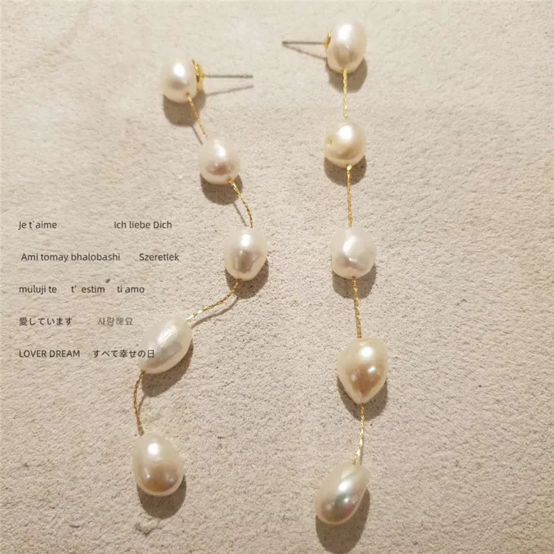 S925 Set Perhiasan Mutiara Air Tawar 14K Lapis Emas Panjang Rantai Stud Earrings Baroque Earrings untuk Wanita Ohrringe