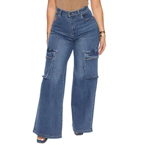 Jeans perna larga plus-size bolsos de aba alta das mulheres perna larga jeans carga solta jeans estrela painéis