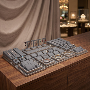 OEM Custom Holder Color PU <b>Leather</b> Wooden Ring <b>Bracelet</b> Chain Display Jewelry Display Stand Sets for Store - Product Image 4