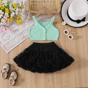 Bán Buôn Toddler Cô Gái Quần Áo Thiết Lập Không Tay Hoa Nút Top + Rắn Lớp Vải Tuyn Váy 2 Pcs Trang Phục Quần Áo Thiết Lập - Product Image 4