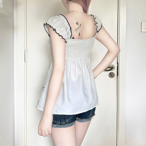 T-shirt vintage Y2K imprimé color block à col carré, nœud sur le devant, taille haute, coupe ajustée - Product Image 3