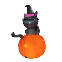 Chat noir gonflable d'Halloween sur citrouille, chat sorcière gonflable avec lumières LED pour la cour extérieure, le jardin, les décorations de fêtes