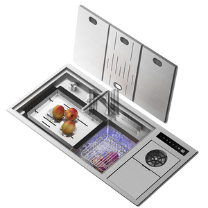 SUS304 wastafel dapur air terjun Stainless Steel, wastafel bawah mangkuk ganda dengan Rinser kaca multifungsi dan papan pengering pintar - Product Image 1