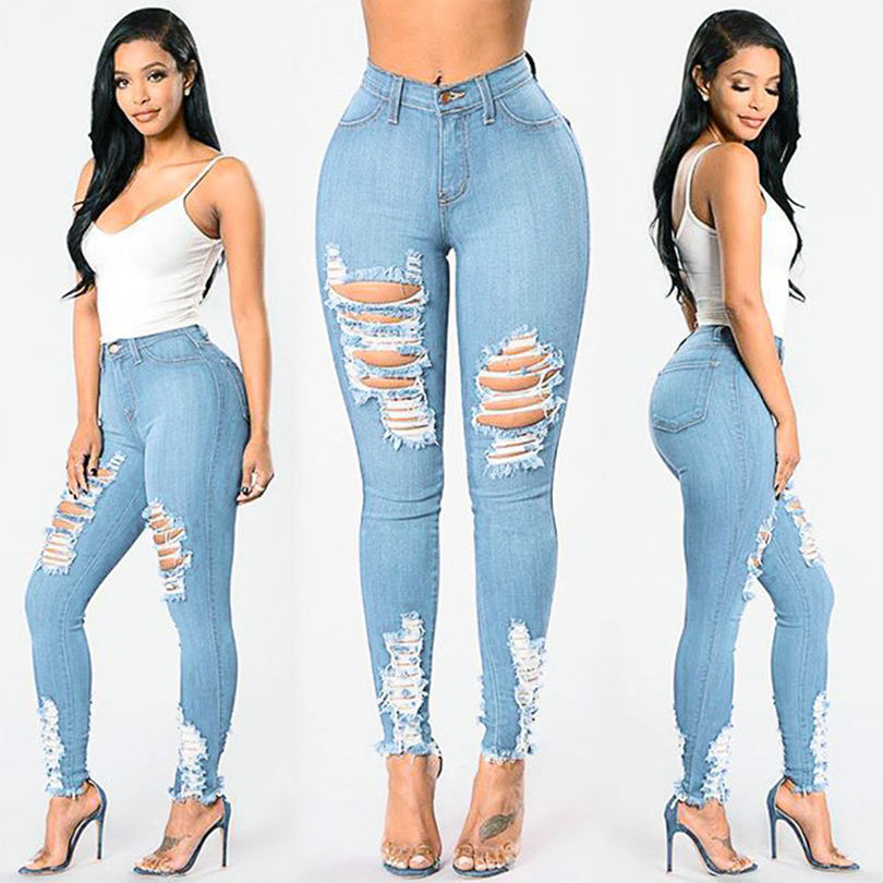 Fashion Slim Fit Classic Streetwear Hollow Out Ripped Plus Size Jean Skinny High Waist Denim Mujer Ladies Jeans For Women 