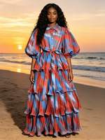 Robe midi tie-dye à volants pour femme, manches courtes bouffantes, col à revers, ceinture à la taille, robe chemise superposée pour les fêtes et la plage