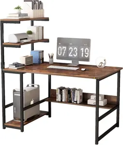 Small Office Computer Desk with Metal Legs Wooden Table Featuring 4-Tier Storage Shelves for Organization Home or Office Use