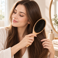 Brosse à cheveux en bois de hêtre avec logo personnalisé, poils de sanglier denses et nylon mélangés, pour démêler et masser le cuir chevelu, idéale pour les cheveux épais et longs