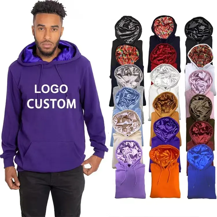 Wholesale Plain Double Layer Silk Hoodies Men Pullover Fleece Satin Lined Hoodies with Satin Hood Custom Unisex Curly Natural Ha