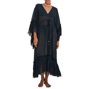 High Quality Lady Beach Casual Elegant Sexy Long Sleeve Black Lace Chiffon Kaftan Dress for Women