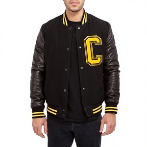 Chaqueta Varsity de Lana Personalizada KVJ133 para Hombre, Negra y Amarilla, Diseño de Letra C Grande, Bordado, Parche de Chenilla, Sin Cuello, Invierno, Servicio OEM, Multicolor - Product Image 1