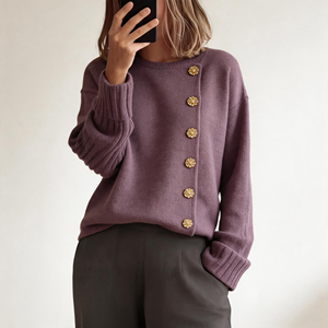 Maglione Corto da Donna Oversize di Alta Qualità con Collo Rotondo, Bottoni Dorati, Maniche Svasate e Cintura in Vita, in Misto Lana Lavorato a Maglia - Product Image 1