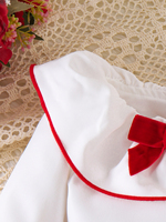 Robe blanche et rouge pour bébés filles, col à grand revers, nœud en velours, manches longues, jupe plissée trapèze, tenue de fête et d'anniversaire pour tout-petits